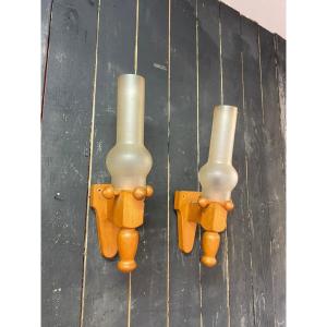 Guillerme Et Chambron, Pair Of Oak Sconces Edition Vos Maison Circa 1970