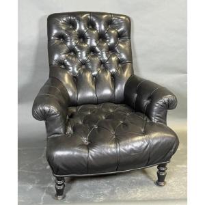 Confortrable Fauteuil club Chesterfield En Cuir Capitonné ,  Tres Bon état, Cuir Souple 