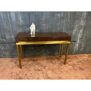 Elegant Guy Lefevre Console, In Lacquered Wood And Brass, Circa 1970