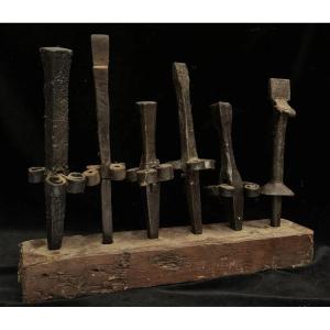 Work Of Folk Art, 6 Old Reaper Anvils On Wooden Base