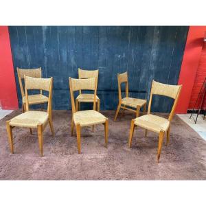 Genevieve Pons (attributed To) Suite Of 6 Straw Chairs Circa 1950/1960
