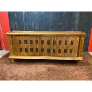 Guillerme Et Chambron, Sideboard In Oak And Ceramic, Edition Votre Maison, Circa 1970