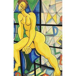 Henri Van Wynsberghe (1929-2018) Dit Henri Victor  "femme Au Vitrail, 1996"  Gouache Sur Papier