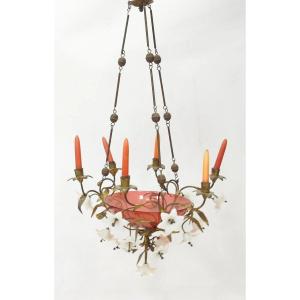 Charming 19th Century Chandelier In Bronze, Tinted Glass, With 6 Arms Of Light, 