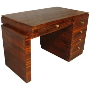 Charmant Petit Bureau Art Déco En Placage d'ébène De Macassar, Poignéees En Bronze Circa 1930 
