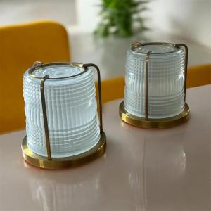 Perzel , paire de petits plafonniers en laiton et verre , lentille holophane ,  circa 1930 
