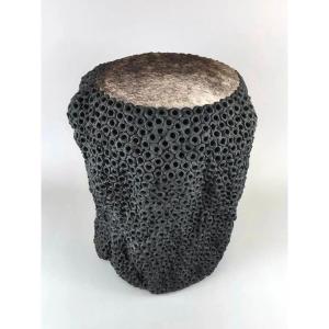 Gilles Caffier (1963) Ceramic Side Table, Leather Top, Signed And Dated