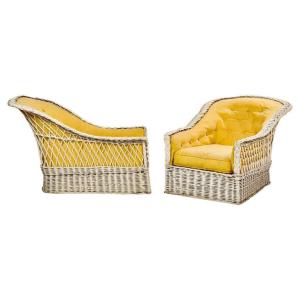 Maison & Jardin , Paire d'originales méridiennes en osier laqué circa 1950/1960