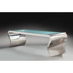 Large Designer Desk In Chromed And Folded Metal Sheet Circa 1970/1980