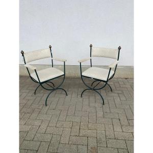 Paire De Fauteuils Curulles En Fer Forgé Et Laiton Circa 1950/1960 