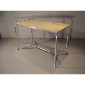 Modernist Art Deco Aluminum Table, Circa 1930/1950, Good Condition, Original Upholstery 
