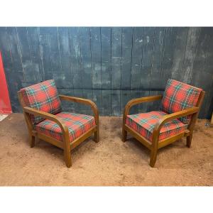 Charles Dudouyt (1885-1946) paire de fauteuils art deco en chêne , tissu tartan, estampillés