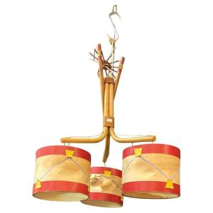 Audoux Minet , lustre en bambou, abat-jour en tambour circa 1950/1960