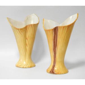 J.m Faux (vallauris) Pair Of Earthenware Vase Cones With Imitation Olive Wood Decoration