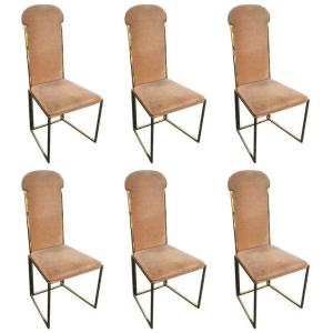 6 Chaises Style Willy Rizzo,métal Vernis Doré, Tissu d'Origine, Italie 1970 Bon état Général