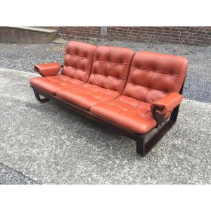 1970 Laminated Wood And Red-orange Leather Sofa, Scandinavian Style