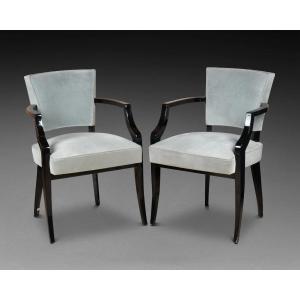 Pair Of Art Deco Armchairs In Black Relacquered Wood, Grey Fabric Circa 1940