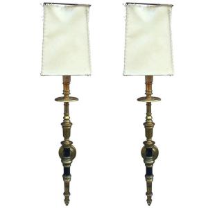 Paire d'appliques néo classique en bronze et laiton circa 1950 abat-jour d'origine 