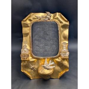 Folk Art Work, Dressing Table Mirror In Gilded Metal, Decorated With Birds And Butterflies