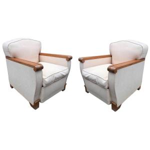 Gaston Poisson,paire De Fauteuils Art Deco En Acajou Blond Vers 1935.