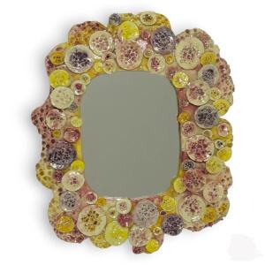 Work From The 1970s Quadrangular Mirror In A Pink And Yellow Glazed Ceramic Frame