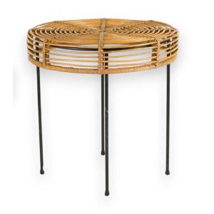  Table basse en rotin à motif circulaire sur piètement en métal vers 1960