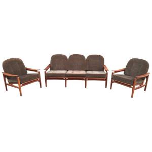 Important salon style Scandinave en teck et rotin, circa 1960/1970