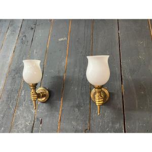 Pair Of "hands" Wall Sconces In Brass And Opal Glass, Circa 1950–1960