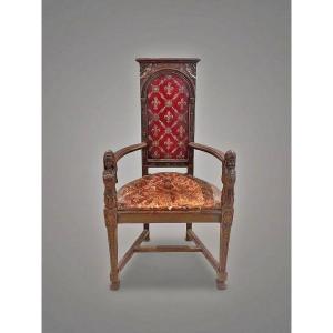 Armchair With Neo-gothic Decoration; The Armrests Feature Depictions Of Medieval Figures From The 19th Century