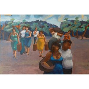 Jean-yves Madec (born In 1960) “la Promenade,” 1991 Oil On Canvas, Signed And Dated