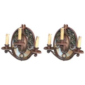 Edgar Brandt ,(style de) paire d'appliques époque Art deco en fer forgé, bronze circa 1930