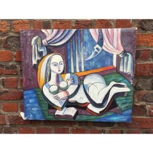 Pottet, R. "young Woman With A Book" Oil On Canvas, Signed Lower Right - 50x60 