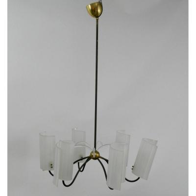 Lustre 1970, A Structure En Laiton Et Metal Laque, Caches Ampoules En Plastique 