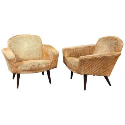 Pair Of Vintage Armchairs Wood And Velvet Circa 1950/1960