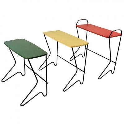 Suite De 3 Tables Gigognes ,Métal Et Bois Laqué ,Circa 1950