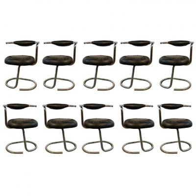 Giotto Stoppino, 10 Chairs Chrome And Moleskine Italy 1970