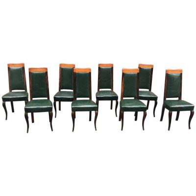 Suite Of 8 Epoque Art Deco Chairs In Macassar Ebony And Leather Circa 1930