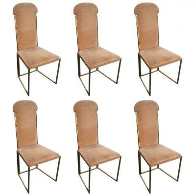6 Willy Rizzo Style Chairs, Gold Varnished Metal, Original Fabric, Italy 1970 Good Condition General