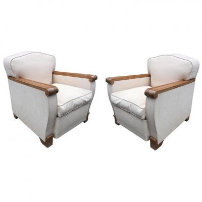 Gaston Poisson, Pair Of Armchairs Art Deco In Mahogany Blond Around 1935.