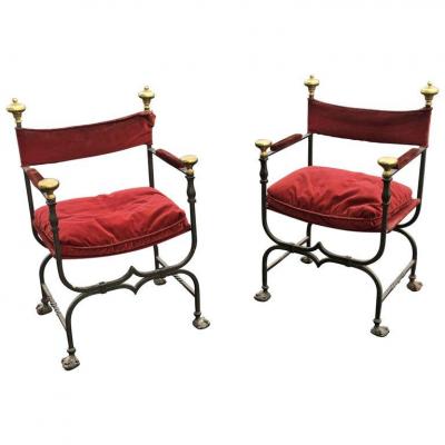 Pair Of Antique Armchairs Curulles Wrought Iron And Brass Circa 1900/1920