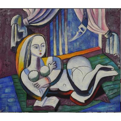 Pottet R. "jeune Femme Au Livre" Huile Sur Toile Signée En Bas à Droite - 50x60 