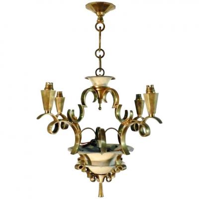 Art Deco Chandelier In Lacquered Metal And Gilt Bronze Circa 1930