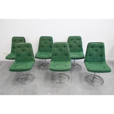 Series Of Six Vintage Rotating Chairs In Green Fabric Circa 1970