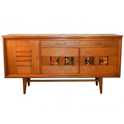 "work French 1950, Oak Chest And Oak Veneer, Decor 4 Tiles Ceramic"