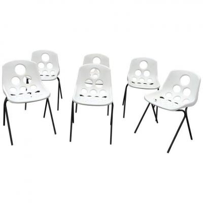 Suite Of 6 Stackable Plastic Chairs, Style Guariche, Circa 1960