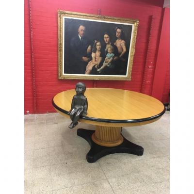 Large Pedestal Table In Light Oak And Blackened Oak Circa 1940/1950 Attributed To Decoene Freres