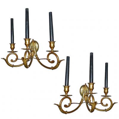 Pair Of Wall Lights Gilt Bronze 3 Lights Neo Classic 1950