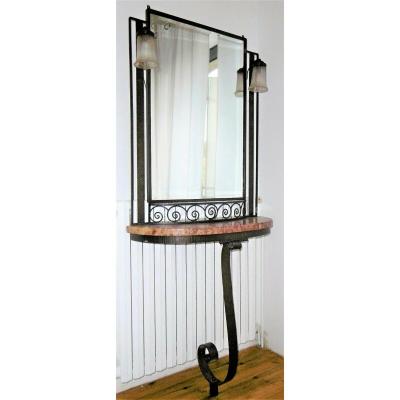 Art Deco Console In Hammered Iron, And Its Circa 1930 Mirror