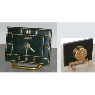Jacques Adnet (in Le Gout De) Clock Bayard Leather Sheath Green And Brass