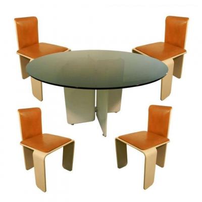 Vintage Table In Lacquered Wood, Chrome And Gray / Green Tinted Glass And Its 4 Chairs Circa 1960/1970